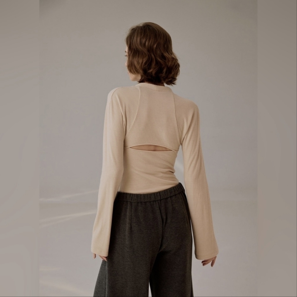 Nap Loungewear Ribbed Knit Bolero Square Neck Long Flared Sleeve Top Cream L - Picture 14 of 14